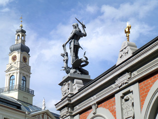 Fototapeta na wymiar Statue of Saint Michael at the House of the Blackheads in Riga, Latvia
