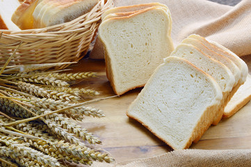 Many bread  in the basket on wooden floor with sack cloths. 
Kaiser roll and sliced white bread .
