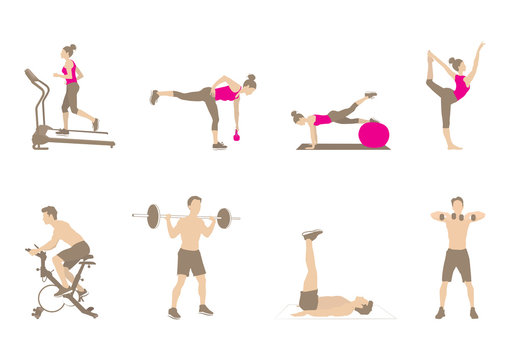 Workout man and woman doing doing fitness and yoga exercises with gym equipment on white background. Full body workout. Vector illustration of healthy lifestyle in flat style.