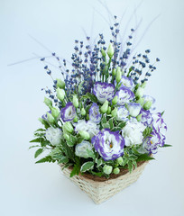 Bouquet from an eustoma and a lavender in a basket on a light background. The isolated object.