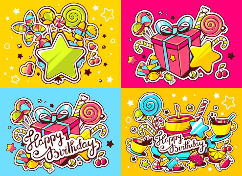 Vector creative colorful set of birthday illustration with gift