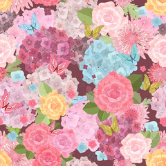 vintage seamless texture with lovely flowers and butterflies. fl