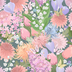 seamless texture with different flowers and butterflies. floral