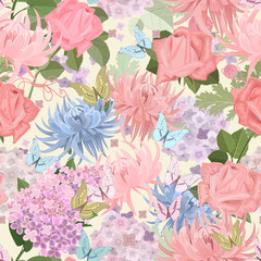 seamless texture with delicate flowers and butterflies. floral m
