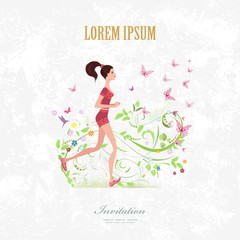 Invitation card with a fashion girl running on grange background