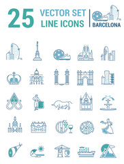 Set vector line icons in flat design with  Barcelona elements