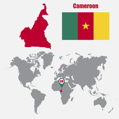 Fototapeta premium Cameroon map on a world map with flag and map pointer. Vector illustration