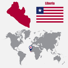 Liberia map on a world map with flag and map pointer. Vector illustration
