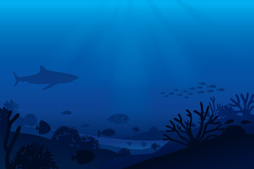 Vector illustration of sea life and coral on seabed background.