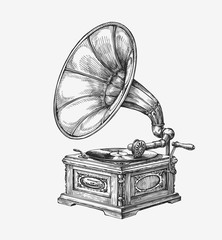Hand-drawn vintage gramophone. Sketch music. Vector illustration - obrazy, fototapety, plakaty