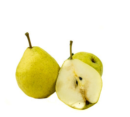 pears isolated on white background / Ripe green pears isolated with leaves isolated on white / Pears isolated on white background / cut and whole over white background
