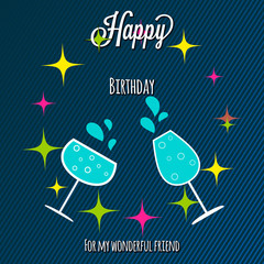 Happy  Birthday Party celebration, welcome card or invitation card design with glasses, wine and stars decoration. on a striped background