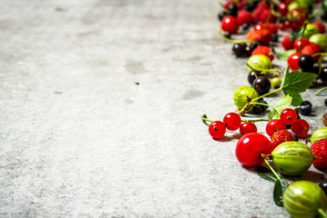 Different berries on the stone table.