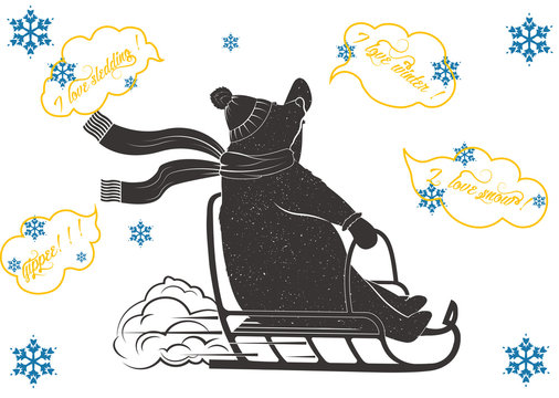 Funny bear riding on a sled on a snowy background. Illustration