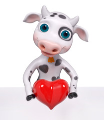 Cow character holding heart 3d rendering