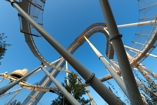 Roller Coaster with Blue Sky at Sunset