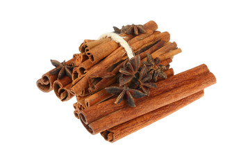 Cinnamon sticks and star anise spice on white background