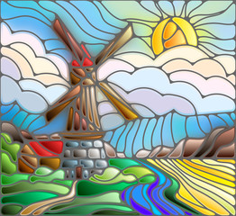 Naklejki  Obraz w krajobrazie w stylu witrażu z wiatrakiem na tle nieba i słońca