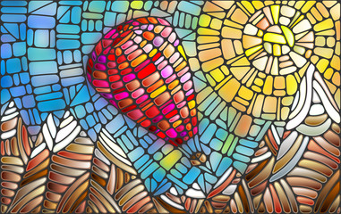 Winter landscape in the stained glass style hot air balloon on the background of sky, sun and snow-capped mountains