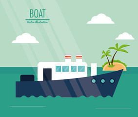 boat ship clouds island beach palm tree sea ocean transportation icon. Colorful design. Vector illustration