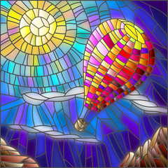 Obraz premium Illustration in stained glass style hot air balloon on sky background and sun 