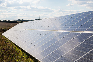 Solar farm. Close view on the large solar panels.