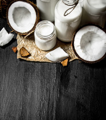 Coconut milk in bottles.