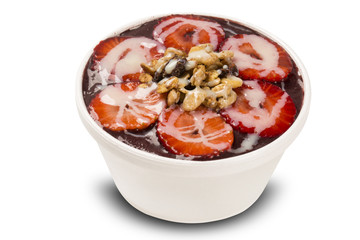 Acai cup. Brazilian famous fruit from Amazon with strawberry