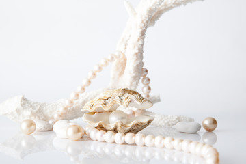 White pearl in shell decorated with pearl necklace.