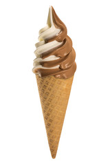 Vanilla and Chocolate soft ice cream waffled cone.