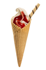Vanilla ice cream with strawberry sauce in cone