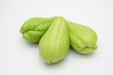 Sliced fresh Chayote and half isolated on white background.