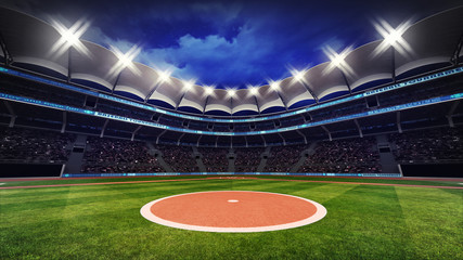 Obraz premium baseball stadium with fans under roof with spotlights