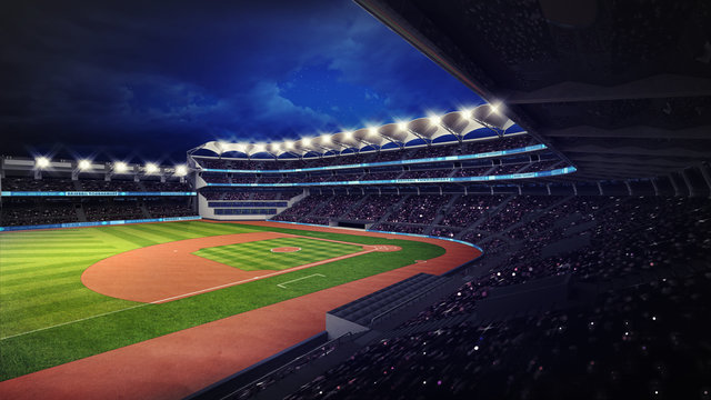 baseball stadium with fans under roof tribune view