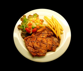 Beef steak in white dish isolate