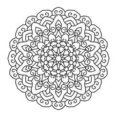 Symmetrical circular pattern mandala, outline on a white background.