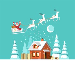 Santa Claus on sleigh and his reindeers. Winter house. Christmas card. Vector illustration.