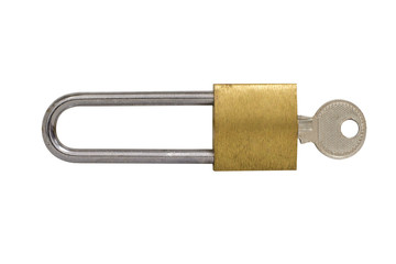 hinged lock with a key isolated on white background