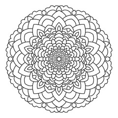 Symmetrical circular pattern mandala, outline on a white background.