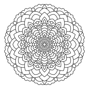 Symmetrical Circular Pattern Mandala, Outline On A White Background.