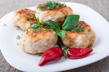 Close-Up view on rissole of minced chicken on a white plate