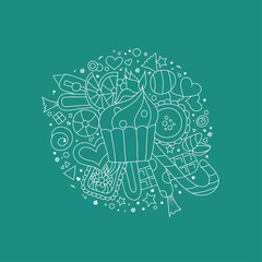 Hand drawn doodle style outline cupcakes, cookies, sweets and chocolate on white