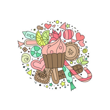 recommend clip art: Hand drawn doodle style outline cupcakes, cookies, sweets and chocolate on white