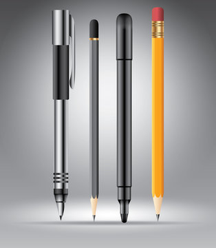 Pencils and pens on grey vector illustration template for advertising