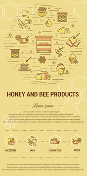 Flat line illustration of honey and bee products for card, advertising flyer , poster. Concept for catalog design, illustration for advertising cards and printed materials. Template for banner.