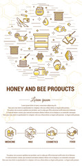 Flat line illustration of honey and bee products for card, advertising flyer , poster. Concept for catalog design, illustration for advertising cards and printed materials. Template for banner.