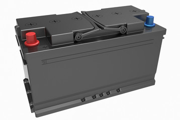 3D black truck battery with black handles on white with blue and red terminals