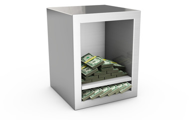 Steel safe box and money 3D. Protection of finance concept. Isol