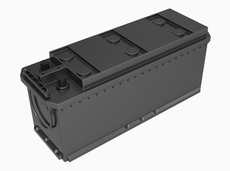 3D black truck battery with black handle on white with black terminal covers