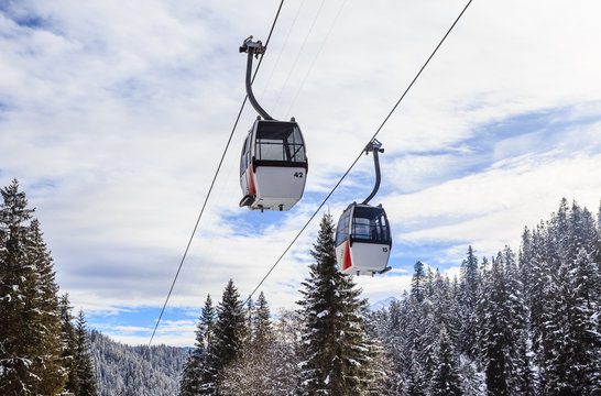  Cabins cableway of ski resort Laax. Switzerland
